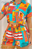 Yipinpay Women All Over Print Short Sleeve Top & Drawstring Shorts Set 2023 Fashion New Shorts Suit Female Casual Office Clothing