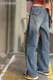 yipinpay Women's Straight Cargo Jeans High Waist American Style Streetwear Vintage Pants Casual Ladies Denim Cargo Wide Leg Trouser