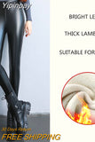 Yipinpay Autumn Winter New Thermal Leg Warm Women's Leggings Leather High Waist Fleece Velvet Black Tights Sexy PU Faux Female Pants