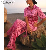 Yipinpay 2023 Women Dot Printed Jumpsuits With Belt Pink Vintage Short Sleeve Turn Down Collar Female Long Pant Playsuits Mujer