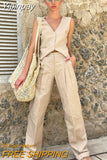 Yipinpay Khaki Elegant Women 2 Pieces Sets Cotton Linen V-Neck Sleeveless Vest Outfit Summer Vacation Wide Leg Pant Sets 2023