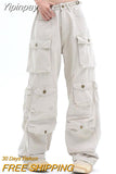 Yipinpay Retro Multi-Pocket Overalls Women's Y2K Street Hip-Hop Casual Pants Unisex Trend Loose Straight Leg Overalls Women's