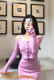 Yipinpay Solid Matching Sets Slim Purple Strap Wrap Hip Knitted Dress Mini Slim O Neck Long Sleeve Knitted Cardigan Thin Sweaters