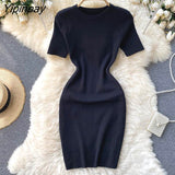Yipinpay Women Korean Elegant Knitted Dress Short Sleeve O-neck Mini Dress Solid Elastic Slim Casual Summer Pencil Dress