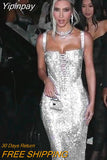 Yipinpay Women Glitter Silver Drawstring Suspenders Dresses Elegant Sexy Shiny Bodycon Dress 2023 Evening Party Female Dresswear Vestidos