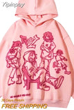 Yipinpay Graphic Print Hoodies Women Men Y2K Streetwear Harajuku Long Sleeve Pink Hooded Sweatshirt Vintage Casual Loose Hoodie