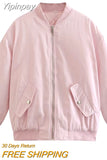 Yipinpay TRAF Fashion Oversized Bomber Jackets for Women 2023 Winter Casual Coats Female Chic with Pockets Long Sleeves Outerwear