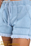 Yipinpay Women's Washed Denim Shorts, Casual Drawstring Elastic Waist Frayed Hem Loose Short Jeans