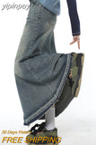 yipinpay Women Blue Denim Half Body Skirt Gradient High Waist Tassels Casual Korean Mid Length Bottoms Baggy Vintage Female Long Skirt