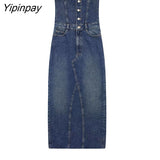 Yipinpay Women Elegant Mid-Calf Denim Dresses 2023 Fashion Off Shoulder Female Party Vestidos Back Split Pockets Dresses Outwear
