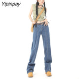 Yipinpay Autumn Winter Stretch High Waist Wide Leg Jeans Woman Blue Casual