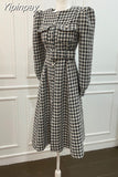 Yipinpay Houndstooth Long Sleeve Pockets O-Neck Single Button Korea Loose Fit Vintage Winter Mid-Calf Dress
