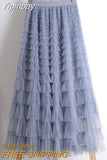 Yipinpay White Long Skirts For Womens Fashion 2023 Summer High Quality Green Dark Brown And Blue Mesh Tulle Cake Midi Skirt Female
