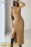 yipinpay Sleeve Midi Dress Woman V Neck Knitted Dresses Solid Autumn Winter High Slit Bodycon Dress Y2k Fashion Khaki Sweater Dress