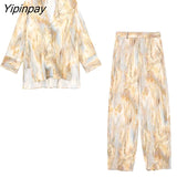Yipinpay Women Summer Fashion Tie-Dyed Blouse Pants Sets 2023 Single Breasted Shirts Casual Printed Elastic Waist Pants Outwear