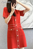 Yipinpay Collar Button Pocket Knitted Dress Mini Red Femme Robe Summer 2023 Party Vintage Elegant Black Korean Club Vrouw Jurk