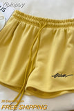 Yipinpay Women Summer Short Pants Embroidery Letters Drawstrings Elastic Waistband High Waist Shorts Ladies Short Tight Trousers