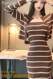 Yipinpay Casual Retro Wild Thin O Neck Long Sleeve Striped Cardigan Knitted Coat Crop Wrap Hip Sexy Spaghetti Strap Dress Mini