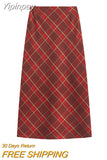 Yipinpay Y2k High Waisted Red Midi Skirts For Women Fashion Khaki Grey Bottoms Winter Woolen A Line Plaid Mini Skirt Hip Female
