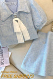 Yipinpay Blue Tweed Cardigan Elegant Crop Top Summer Shirt Beach Outfits for Women Blazers Sets Mini Plaid Skirts Faldas Korean