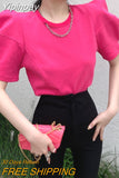 Yipinpay Right Shoulder Puff Short Sleeve T-shirts Summer Women's Crop Tops Cotton Tees Solid Wild O Neck Chain Tshirt Casual