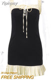 Yipinpay MO 2023 Summer Patchwork Ruffles Spaghetti Strap Mini Dress Chic Sleeveless Ruched Buttons Outfit Vintage Y2K Outfits
