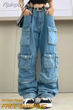 Yipinpay Heavy Industry Multi-Pocket Washed Cargo Pants Women Y2K Vintage Streetwear High-Rise Loose Oversized Straight-Leg Jeans