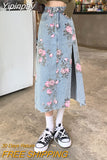 Yipinpay Fashion Denim Long Skirts For Womens Summer Blue High Waist Raw Edge Slit Vintage Washed Printing Korean Style Casual Skirts