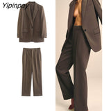 Yipinpay Women Office Outfits Blazer Suit 2023 Autumn Winter 2Pcs Single Button Notched Jacket+Zipper Long Trousers Basic Outwear