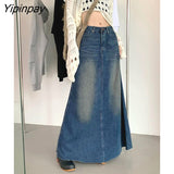 Yipinpay Vintage Long Denim Skirt Woman Jean Skirts For Ladies A Line 0407