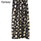 Yipinpay 2023 New Fashion Women Printed Skirts Sets Summer Casual Sleeveless Plaid Top Side Mid-Calf Skirts High Street Outwear