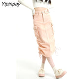 Yipinpay Pink Overalls Denim Skirt Women's High Waist Split A-line Hip Wrap Skirt