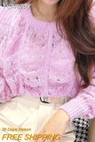 Yipinpay Vintage Pink Hollow Out Cropped Sweater for Women 2023 Puff Sleeve Tshirt Korean Clothes Jersey Jumper Sueter Mujer Knit