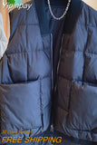 Yipinpay New Cotton Padded Zip Warm Jacket Winter Puffer Vest Pocket Women's Quilted Vest Stand Collar Overcoat Top Black Parkas