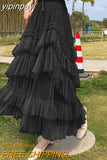 yipinpay Women's Tulle Tutu Skirt Irregular Mesh Princess Fairy Pleated Long Cake Skirts Korean Fashion Kawaii Chic Dance Skirt