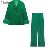 Yipinpay 2Pcs Spring Autumn Women Solid Blazer Suit 2023 Feather Office Outfits Elegant Jackets Coats Long Trousers Basic Outwear