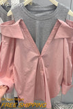 Yipinpay Shirts for Women Blusas Mujer Fake Two Shirt Loose Long Sleeve Off Shoulder Top Femininas Elegantes Spring T-shirts Pink