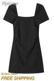 Yipinpay Black Backless Dress Woman Summer Short Dresses For Women 2023 Square Neck Puff Short Sleeve Mini Dress Sexy Party Dresses