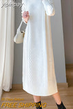 yipinpay White Oversized Sweater Midi Dresses for Women Plain Retro Twisted Thicken Stylish Knitted Dress Women Split Warm Robe
