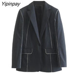 Yipinpay Women Fashion Single Button Blazer Coat 2023 Vintage Long Sleeve Flap Pockets Female Outerwear Chic Vestes Femme