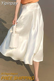 Yipinpay Summer New Women's Skirts Fashion Elegant Acetic Acid Fabric Midi Length High Waist Streetwear Satin Thin White Woman Skirt