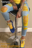 Yipinpay New Fashion Women's Pants Elegant Trouser Casual Colorblock Ripped Cutout Casual Jeans Female Outfits