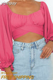 yipinpay Sleeve Top Women Tie Back Crop Top Y2K Square Neck T Shirt Slim Lantern Sleeve Tops New Year 2023 Fall Spring Woman Clothes