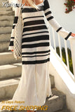 Yipinpay Casual Summer Knit Beach Long Dress Women Stripe Long Sleeve Square Neck Hollow Out A-Line Maxi Dress Vacation Clothes