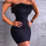 Yipinpay Women Solid Strapless Feathers Decoration Zipper Bodycon Sexy Party Black Dress