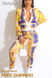 Yipinpay Piece Set Women Set Flower Print Long Sleeve Zipper Jacket Tops And Pant Suits Sheath Matching Fashion Outfit Spring Autumn