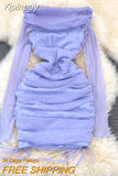 Yipinpay Slim Slash Off Shoulder Women's Long Sleeve Drawstring Pleated Hip Wrap Pink Mesh Dress Mini Party Prom Mini Evening Robe