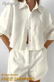 Yipinpay White Cotton Linen Shorts Sets 2-Piece Street Outfits Short Sleeve Shirt And Wide Leg Shorts Summer 2023 Ladies Suit