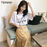 Yipinpay New Spring Summer Women Skirt Oversize Korean style A-line Harajuku Yellow plaid Long skirts High Waist female skirts