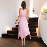 Yipinpay Women Fashion Trend One Shoulder Pleated Dresses Elegant Loose Irregular Batwing Sleeve Frock Ladies Pink Evening Maxi Vestidos